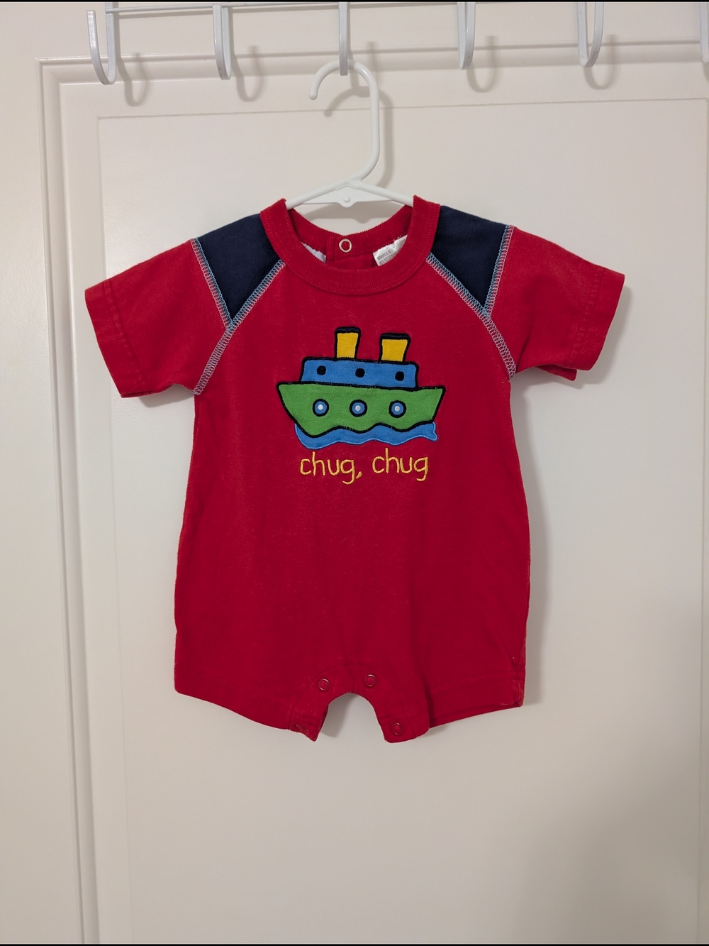 💥3/$24 Vintage Red Baby Romper with Boat Applique and Navy Accents